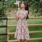 Puff-sleeve Ribbon Tie-waist Floral Midi A-line Dress