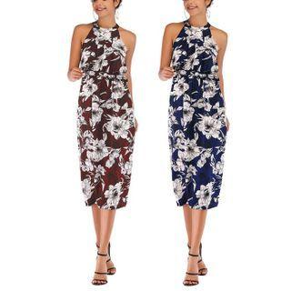 Halter-neck Floral Print Midi Shift Dress