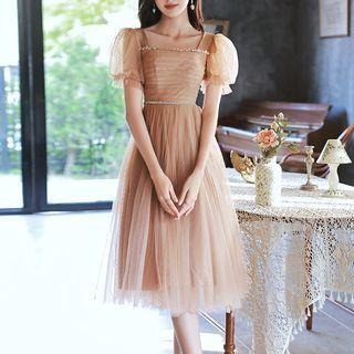 Puff-sleeve Rhinestone Cocktail Dress