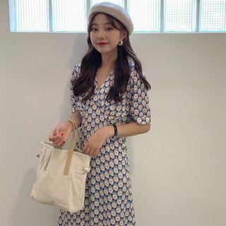 Elbow-sleeve Floral Pattern A-line Midi Dress Blue - One Size