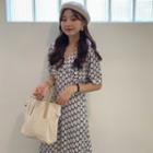 Elbow-sleeve Floral Pattern A-line Midi Dress Blue - One Size