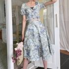 Short-sleeve Floral Print Crop Top / Midi A-line Skirt