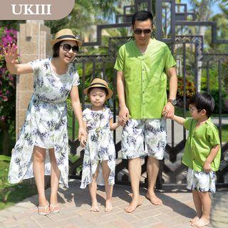 Family Matching Printed A-line Dress / Set: Short-sleeve V-neck Top + Shorts