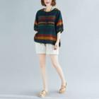 Puff-sleeve Striped T-shirt Orange & Red & Dark Blue & Green - One Size
