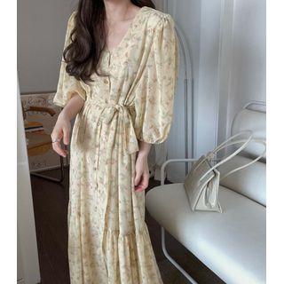 Elbow-sleeve Floral Print Tie-waist Midi A-line Chiffon Dress