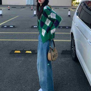 Argyle Cardigan / Wide Leg Jeans / T-shirt / Set