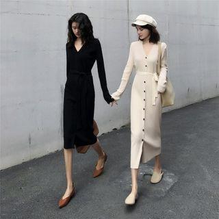 Button-front Long Sleeve V-neck Knit Dress