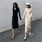 Button-front Long Sleeve V-neck Knit Dress