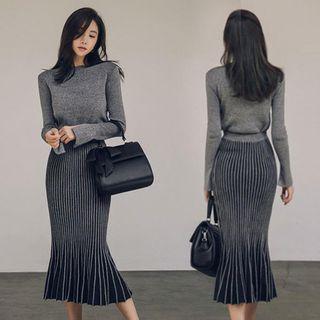 Set: Plain Long-sleeve Knit Top + Midi Accordion Pleated Mermaid Pencil Skirt Set - Top - Gray - One Size / Midi Skirt - Dark Gray - One Size