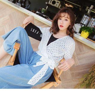Tie-waist Eyelet Short-sleeve Top