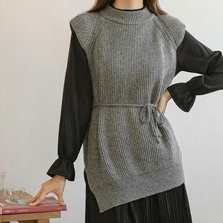 Crew-neck Cap-sleeve Vest With Sash