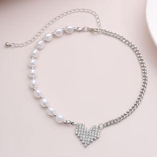 Faux Pearl Rhinestone Heart Necklace 3031 - Silver - One Size