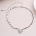 Faux Pearl Rhinestone Heart Necklace 3031 - Silver - One Size