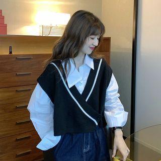 Long-sleeve Plain Shirt + V-neck Knit Vest