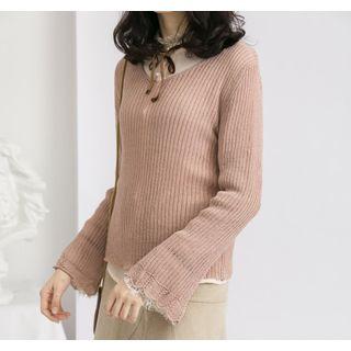 Bell-sleeve Rib Knit Top Red - One Size