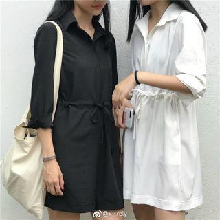 Plain 3/4 Sleeve Drawstring Waist Shirt Dress