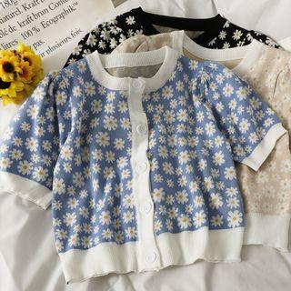Daisy-print Button-up Crop Knit Top