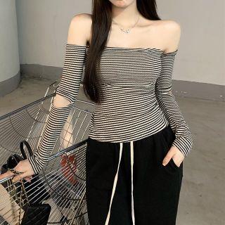 Off-shoulder Striped T-shirt / Wide Leg Pants