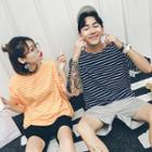 Couple Matching Striped Elbow Sleeve T-shirt