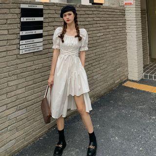 Asymmetrical Puff-sleeve A-line Dress