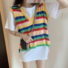 Short-sleeve Plain T-shirt / V Neck Rainbow Striped Knit Vest