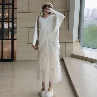 Long-sleeve Knit Top / Mesh Midi Skirt