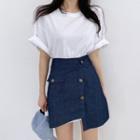 Short-sleeve Plain T-shirt / Denim Button-up Mini Skirt