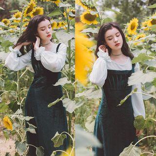 Set: Plain Blouse + Spaghetti-strap A-line Maxi Velvet Dress