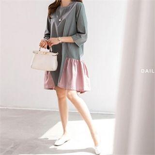 3/4-sleeve Frill-hem Contrast-trim Cotton Dress