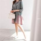 3/4-sleeve Frill-hem Contrast-trim Cotton Dress
