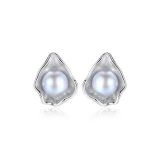Sterling Silver Fashion Simple Shell Grey Freshwater Pearl Stud Earrings Silver - One Size