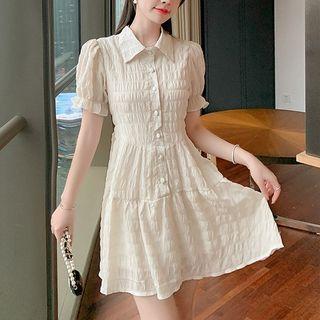 Puff Sleeve Shirred Chiffon Shirt Dress