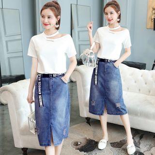 Set: Short-sleeve T-shirt + Midi Denim Skirt