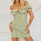 Off-shoulder Gingham Button-up Mini Bodycon Dress