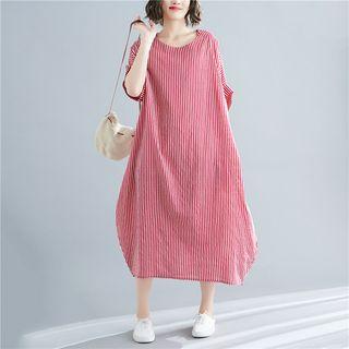 Pinstriped Short-sleeve Midi A-line Dress Red - One Size
