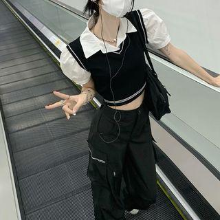 Mock Two-piece Short-sleeve Crop Top / Cargo Pants