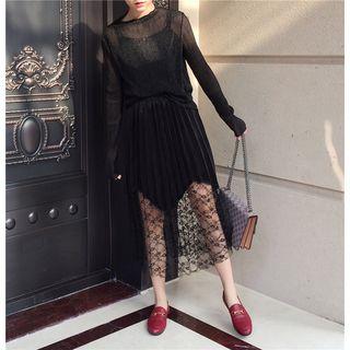 Lace Panel Accordion Pleat Midi Skirt