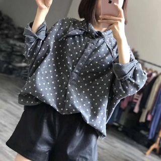 Single-breasted Dolman-sleeve Open-front Polka Dot Blouse