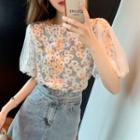 Puff-sleeve Mesh Floral Blouse