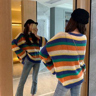 Color Block Striped Sweater Stripes - Almond & Yellow & Blue & Green - One Size