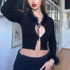 Long-sleeve Fluffy Trim Cut-out Crop Top