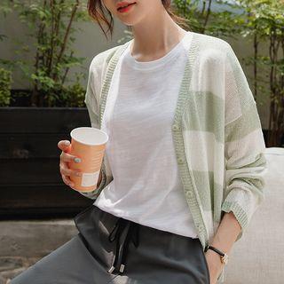 V-neck Stripe Boucl  Cardigan