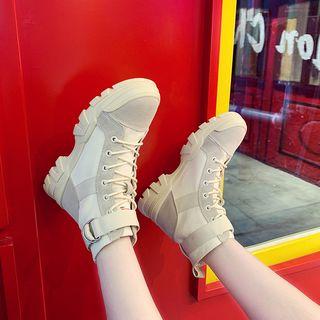 Canvas Buckled Lace-up Short Boots