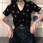 Short-sleeve Embroidery Distressed Top Black - One Size