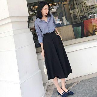 Set: Plain Long-sleeve Shirt + Midi A-line Skirt