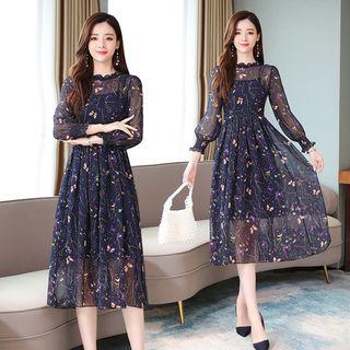 Butterfly Long-sleeve Midi Chiffon Dress