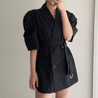 Puff-sleeve Double-breasted Tie-waist Mini Blazer Dress