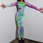 Long-sleeve Color Block Cut-out Jumpsuit