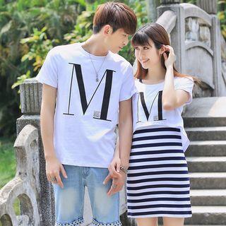 Couple Matching Letter Short-sleeve T-shirt / Set: T-shirt + Stripe Tank Dress