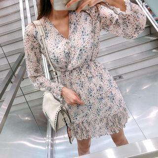 Plunge-neck Gathered-waist Floral Chiffon Dress
